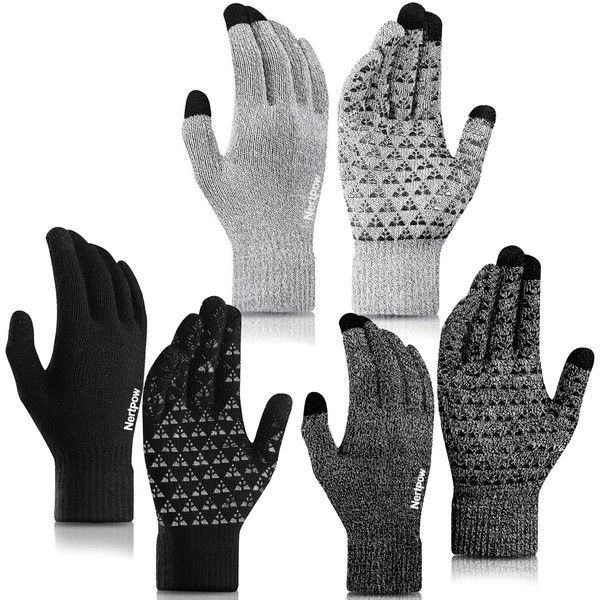 Nertpow Winter Gloves Touchscreen Gloves 3 Packs, Gloves for Men Knit Anti-slip, Gloves for Women with Warm Fleece Lined(Black&Black_White&Soft_Gray_White-M)