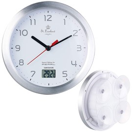 St Leonhard Bathroom Clock, Bathroom Wall Clock with LCD Thermometer and Aluminium Frame, IPX4 Bathroom Wall Clock