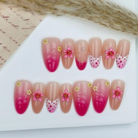 30Pcs Flower Press on Nails Long Almond Fake Nails Summer Flower Pattern Pink False Nails Gradient Design with Flowers Pearl Nail Rhinestones Acrylic Stick on Nail DIY Manicure Decoration for Women