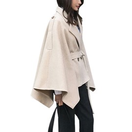 CHARTOU Women's Elegant Lapel Collar Wool Blend Bow-Tie Poncho Cape Jacket with Belt (Large, Beige)