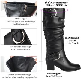 Pixoecuty Wide Calf Riding Boots Women Knee High Slouch Round Toe Buckle Victorian Tall Boots Chunky Block Mid Heel Knee-High Boots Side Zipper Black US 8