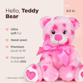 Bearington Hearty Teddy Bear Stuffed Animal - 8.5" Pink Teddy Bear Plush with Heart Print and Satin Bow - Soft Cuddly Plush Toy and Adorable Valentines Day Gift for Girls and Loved Ones