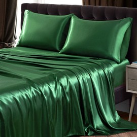 SiinvdaBZX 4Pcs Satin Sheet Set Full Size Ultra Silky Soft Emerald Green Satin Full Bed Sheets with Deep Pocket, 1 Fitted Sheet, 1 Flat Sheet, 2 Envelope Closure Pillowcases