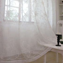 SLOW SOUL Set of 2 Panels White Lotus Floral Sheer Curtains Modern Semi Sheer Embroidered Curtains & Drapes for Bedroom Living Room Rod Pocket 54W X 90L inch