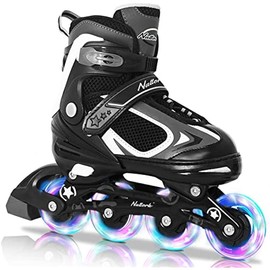 Nattork Adjustable Inline Skates for Kids - Black - Model 139 - Light-up wheels - Size: Small (10C-13C)