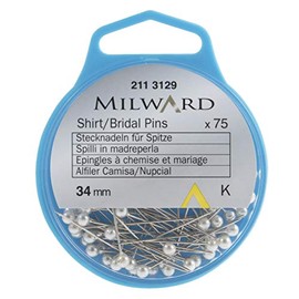 MILWARD Straight Sewing Pins, Shirt/Bridal, Silver/Pearl, 34mm, 75 Pieces