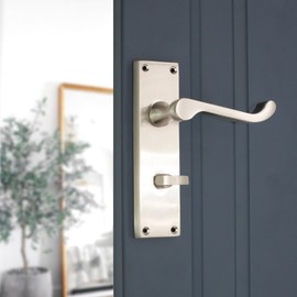 Infinity Decor Set of Satin Nickel Victorian Scroll Lever Door Handle on Rectangular Backplate Zinc Bathroom Latch Lever Privacy for Interior Doors