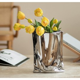 Silver Flower Vase, 9.2 Inch Tall Minimalist Ceramic Vase, Eclectic Flowerpot for Home Office Table Decor Housewarming Wedding Birthday Festival Gift