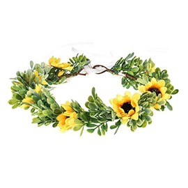 Lucky Summer Women BOHO Flower Headband Green Leaf Crown Bridal Hair Wreath (Sunflower Yellow)