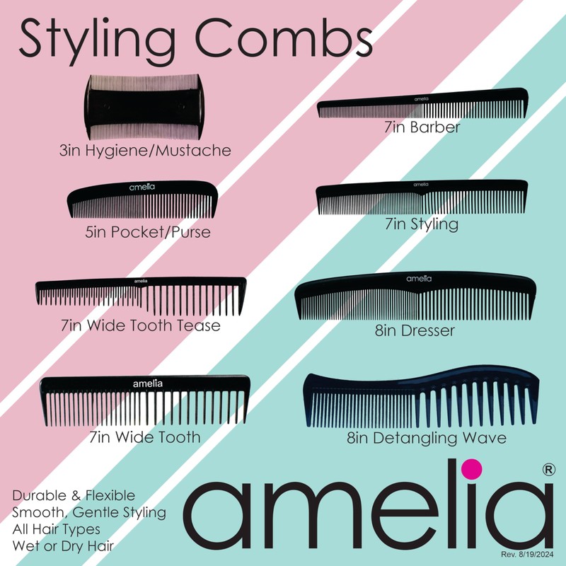 Amelia Beauty, 7in Black Plastic Styling Tease Comb with Inch