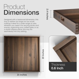 20 Inch Acacia Wood Square Ottoman Tray - Wooden Square Serving Tray with Handles - Extra Large Food Serving Trays for Decorative, Coffee Table, Breakfast in Beds (Walnut, 20 x 20 Inch)