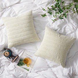 Topfinel Plain Cream Cushion Cover 18x18 inches Scatter Pillow Covers 45 x 45 Set of 2 Corduroy Fluffy Cushion Cover