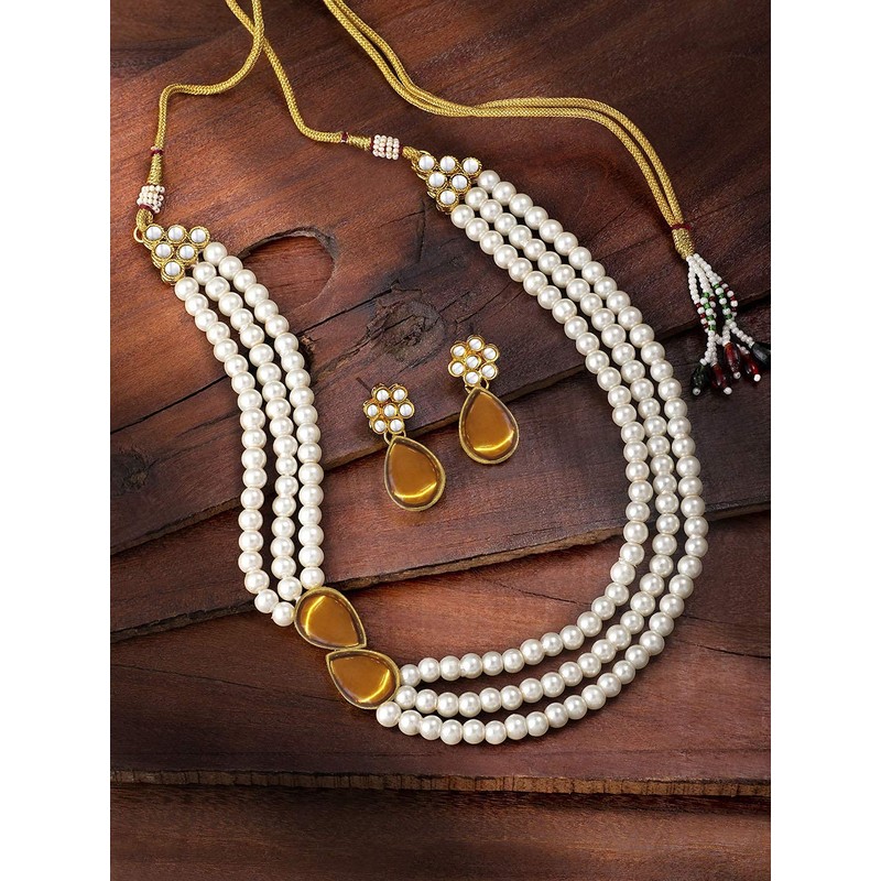 Aheli Pearl Mala Collar de oro con pendientes para mujeres