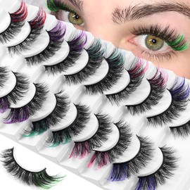 Colored Eye Lashes, 10 Pairs Russian Strip Mink Eyelashes with Color on End, Mix Wispy Dramatic Faux Cat Fox Mink Fake Lash Extensions Fluffy Long Thick False 3d D Curl Salon Eyelashes Reusable