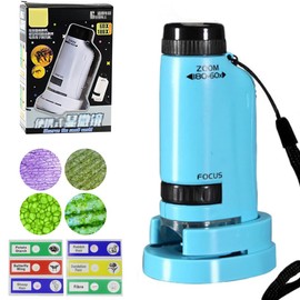 Microscopio Portátil 3 en 1para Niños,Microscopio de bolsillo niños,(con12 Diapositivas Preparadas)con Aumento 60X180X,iluminación LED,Juguetes Educativos para Niños de 6 a 12 Años(Estilo Ⅱ/Azul)