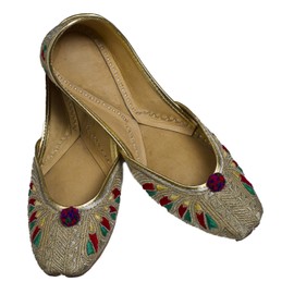 Exotic India Beige Phulkari Jooties from Punjab with Silver Ari Embroide - BeigeFootwear Size 5.5