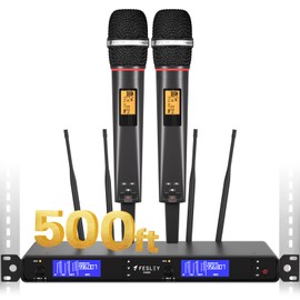 Fesley X Wireless Microphone System: Handheld 500ft UHF Range Dynamic Wireless Microphones Mic, Auto Scan Cordless Microphone and Receiver, Microfono Inalambrico for Karaoke, Church, Singing, Wedding