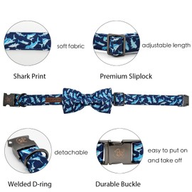 Elegant little tail Dog Collar with Bow, Shark Print Adjustable Dog Collar Cute Bowtie Dog Collar Boy Pet Collar for Large Dogs