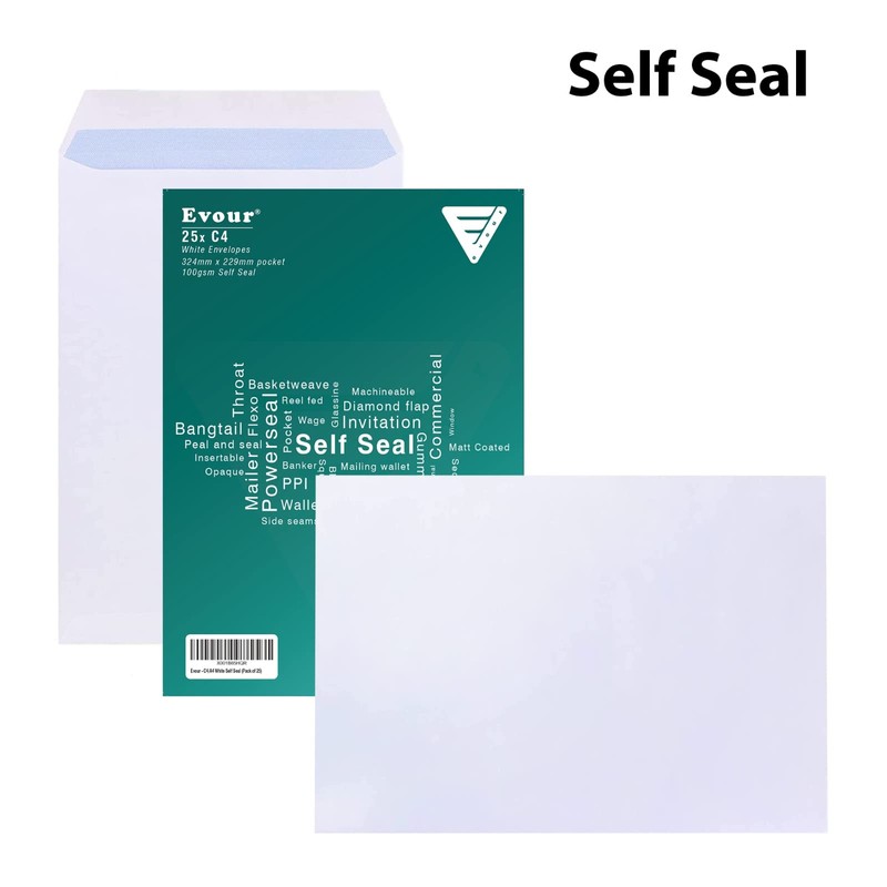 Evour, A4 / C4 Self Seal White Pocket Envelopes, Letter