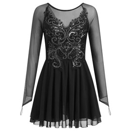 Figure Skating Dress for Women Butterfly Sequins Mesh Long Sleeve Ice Skater Dance Outfits Criss Cross Back Rhythmic Gymnastics Leotard Chiffon Skirts Lyrical Dance Dresses Black Sequins M