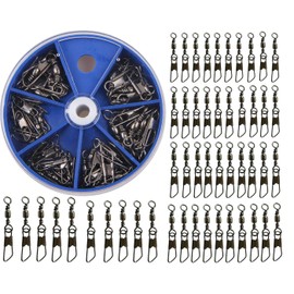 AGOOL Fishing Snap Swivels Kit - 50pcs Barrel Swivels with Safety Snap Fishing Connector Swivel Snap with Solid Ring Fishing Tackle Accessories Box Kit, Black/Gold Size 4#,6#,8#,10#,12#,14#