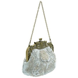 Ro Rox Margeret Vintage Clutch Bag Floral Beaded Antique Diamante Sparkle, Silver, One Size