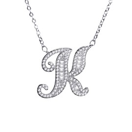 Uloveido Initial K Letter White Gold Plated Necklace Pendant for Women Girls Kids Mom Friend with Cubic Zirconia Stone CZ Crystals NL025