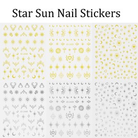 6 Sheets Star Nail Art Stickers 3D Self-Adhesive Gold Silver Sun Moon Nail Stickers Heart Nail Decals Nail Art Supplies Designs Star Moon Sun Nail Charm for Women Girls Acrylic Manicure Decorations