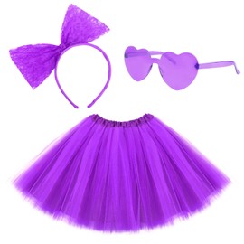 Lainlight Adult Tutus for Women, 4 Layered Tulle Tutu Skirt Set with Heart Sunglasses and Bow Headband Colorful Party Favors Purple