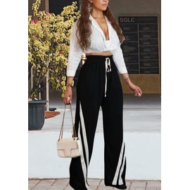 DINGANG High Waisted Casual Sweatpants Women Loose Wide Leg Elastic Waist Drawstring Cargo Striped Sweat Pants Black