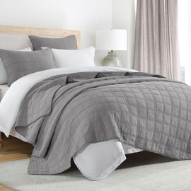 HORIMOTE HOME 100% Cotton Quilt Set Queen Size, Grey Pre-Washed Bedspreads Coverlet Set in Geometric Pattern, Cozy Lightweight Stitching Decorative Bedding Cover with 2 Shams for All Season
