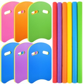 Soulchen 6 Pack Pool Noodles and 6 Pack Swim Kickboards, Large Hollow Foam Swimming Pool Noodles Colorful U Shape Kick Board Bulk Floating Training Aid for Adults Swimmers Water Lessons Exercise