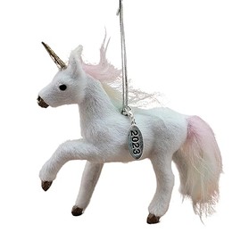 Unicorn Ornament Cute Fuzzy Unicorn Gift for Girls Magical White Horse with Pastel Rainbow Hair and Gold Unicorn Horn with Year Hang Tag