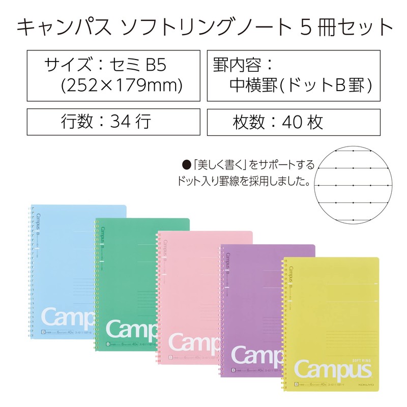 Kokuyo S111BTX5CSET Campus Soft Ring Notebook, Dot B Ruled, 40