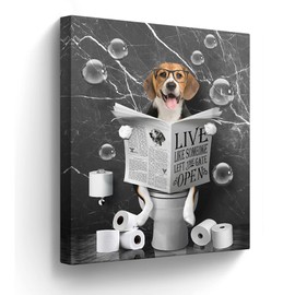 Beagle Dog Sitting in Toilet Bathroom Decor Wall Art Funny Beagle Pictures Black and White Bathroom Wall Decor Farmhouse Dogs Painting for Toilet Bathroom Animals Artwork Framed 16"x20"