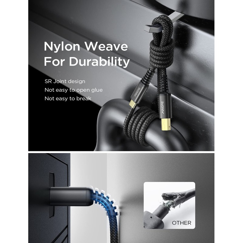 AINOPE USB C Printer Cable - 6.6FT Black, Nylon Braided,