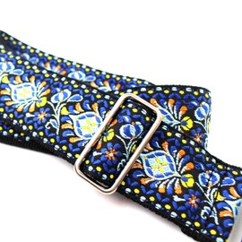 Walker & Williams H-29-CHR Vintage Series Blue Cheer Woven Hippie Guitar Strap With Brushed Nickel Hardware And Thick Leather Ends For Acoustic, Electric, And Bass Guitars, Blue, Regular