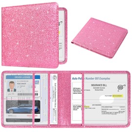 DMLuna Car Registration and Insurance Holder, Folio Leather Vehicle Card Document Glove Box Organizer, Auto Truck Compartment Accessories for Essential Information, Driver License Cards, Glitter Pink
