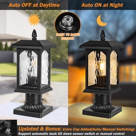 2 Packs Dusk to Dawn Outdoor Post Light with Pier Mount Base - Hard Wired Pole Outdoor Lighting, Waterproof Black Pillar Lantern Outside with Tempered Rippled Glass for Pathway, Garden, Patio