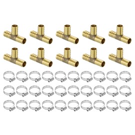 sourcing map 2pcs Brass Tee Barb Fittings, 3-Ways Tee 5/8" x 5/8" x 5/8" Barbed Hose Reducer, Tee Brass Barb Fitting Reducer with 6pcs Hose Clamps for Water Fuel Air