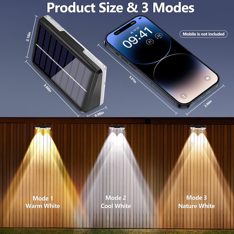 Brizled 12 Pack Solar Fence Lights Outdoor, 300/4000/6000K 3 Modes