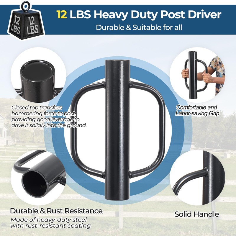 Fence Post Driver, 12LBS Fence Post Driver with Handle, 2.7