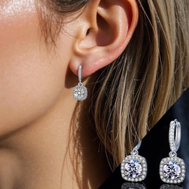 Women's Moissanite Pendant Earrings, 1 Carat Moissanite Diamonds, Laboratory Cultured, 925 Sterling Silver with 18K White Gold Plated, Silver Stud Earrings, Jewellery Gift, Silver, Moissanite