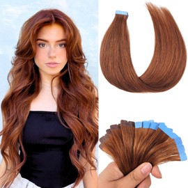 Auburn Mini Tape in Hair Extensions Human Hair Invisible Reusable Red Brown Remy Hair Extensions Real Human Hair Tape Ins 18 Inch