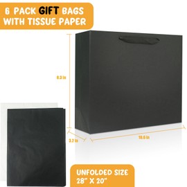 6 Pack Medium 10.6" Black Gift Bags with Tissue Papers, Kraft Shopping Bags with Ribbon Handles, Retail Wrapping Bags Set for All Occasions