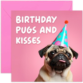 Old English Co. Funny Pug Birthday Card for Her - 'Pugs and Kisses' Humorous Card for Men Women - Cute Dog Pun Card Birthday Card for Him - Dog Mum Dad Birthday Card | Blank Inside Envelope