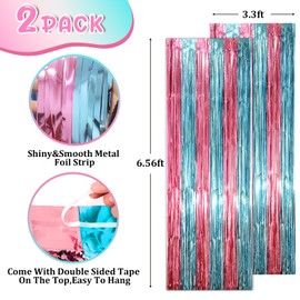 Voircoloria 2 Pack Blue and Pink Foil Fringe Backdrop Curtains, Tinsel Streamers Mermaid Party Decorations, Fringe Backdrop for Birthday, Baby Shower, Gender Reveal, Disco, Graduation Party