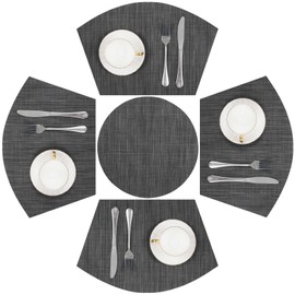SHACOS - Juego de 5 manteles individuales redondos de vinilo de cuña con centro de mesa, resistentes al calor y se limpia (5, negro gris)