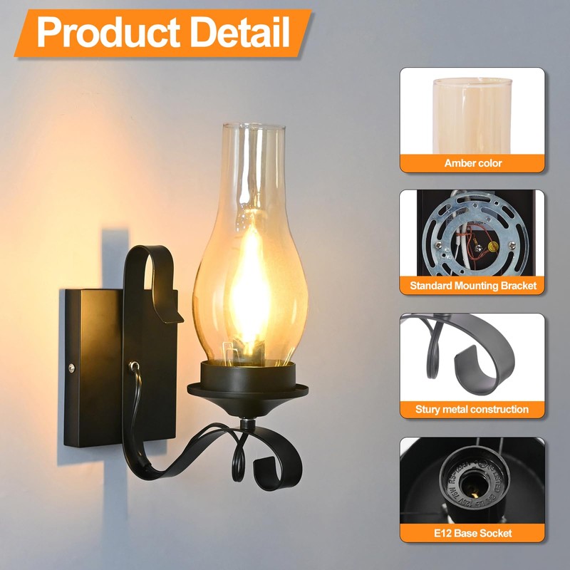 TIGKHAE Rustic Wall Sconces Sets of 2, Black Hardwired Farmhouse
