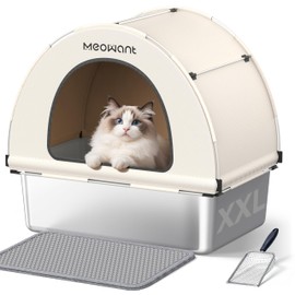 Meowant Enclosed Stainless Steel Cat Litter Box with Lid, Extra Large Metal Litter Box with DIY Tent Cover, Anti-Leakage & Non-Sticky, Odor Control, Easy Cleaning, Includes Litter Mat & Metal Scoop
